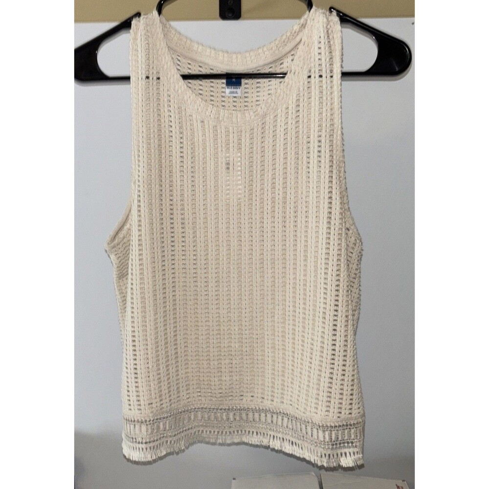 Old Navy Women Eyelet Fringe Boho Wide Armhole Tank Top Beige Med NWT Chest 34"